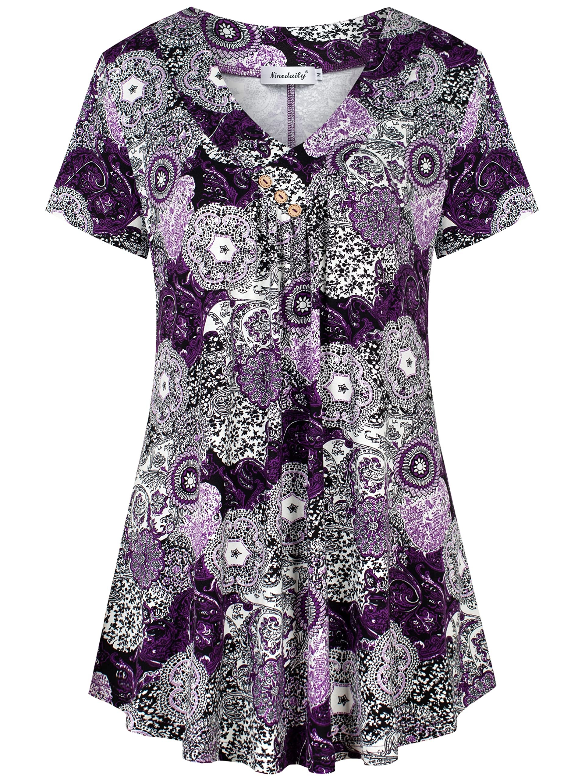 Ninedaily Women's Tunic Summer Short Sleeve Top Loose V Neck Dressy Shirt Blouse - Product Image