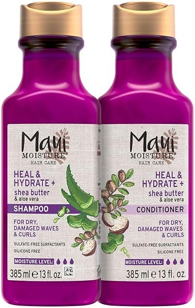 Maui Moisture Heal & Hydrate + Shea Butter Shampoo & Conditioner Bundle, Hair Care Set with Shea Butter & Aloe Vera for Dry, Damaged Waves & Curls, Silicone-Free, Two Pack, 2 x 13 fl. oz - Product Image