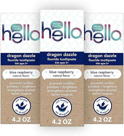 hello Dragon Dazzle Blue Raspberry Kids Toothpaste, Fluoride Toothpaste, Ages 2+, No Artificial Sweeteners, No SLS, Gluten Free, Vegan, Pack of 3, 4.2 OZ Tubes - Image 1