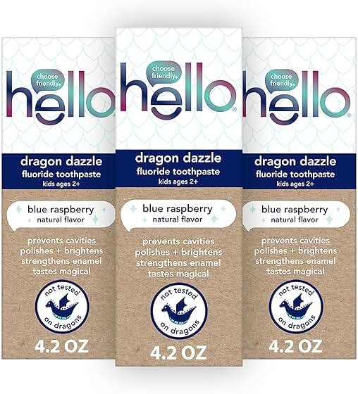 hello Dragon Dazzle Blue Raspberry Kids Toothpaste, Fluoride Toothpaste, Ages 2+, No Artificial Sweeteners, No SLS, Gluten Free, Vegan, Pack of 3, 4.2 OZ Tubes - Product Image