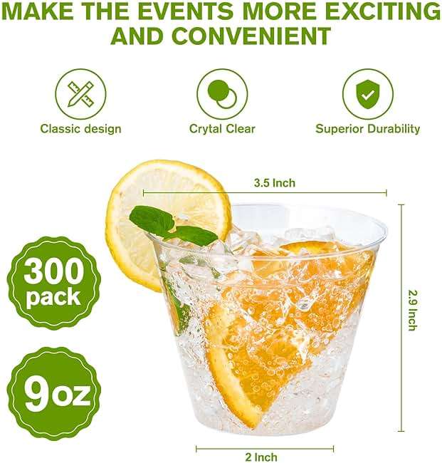 JollyPack 300 Pack Clear Plastic Cups 9 OZ Disposable Heavy-duty Drinking Cups for Christmas, Wedding, Home and Events - Image 3