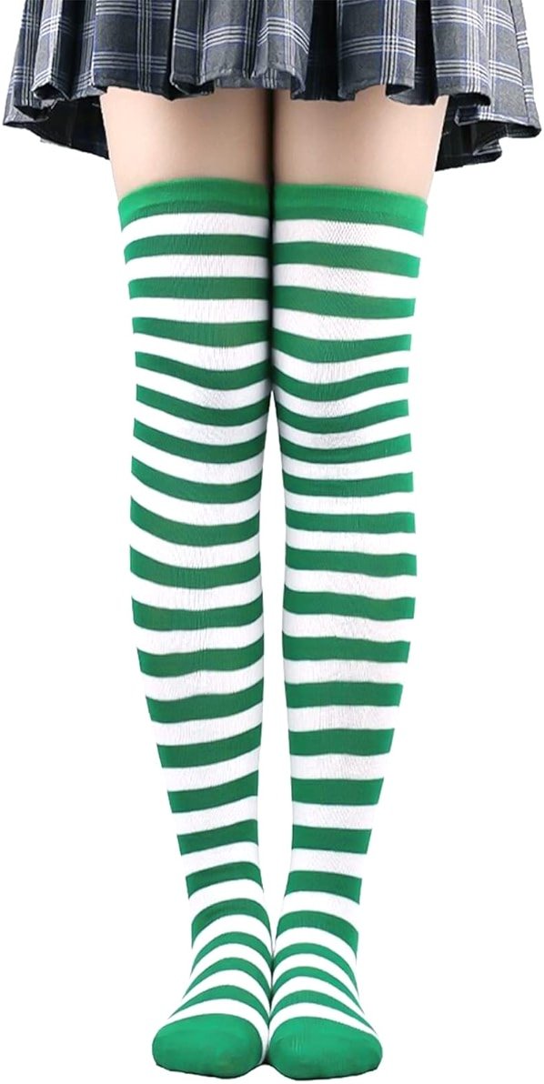 CABAX Over Knee Striped Socks Novelty Costume Opaque Long Thigh High Socks for Women Girls for Holidays Saint Patrick Day, Green - Product Image