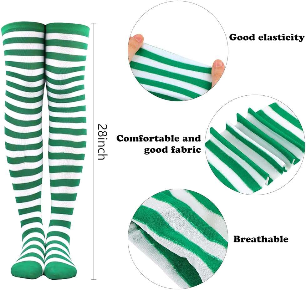 CABAX Over Knee Striped Socks Novelty Costume Opaque Long Thigh High Socks for Women Girls for Holidays Saint Patrick Day, Green - Image 2