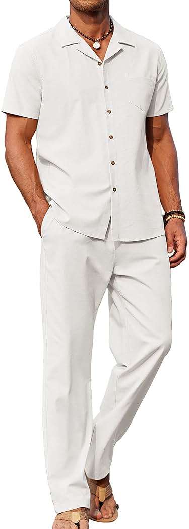 COOFANDY Men 2 Piece Linen Outfit Beach Button Down Shirt Casual Loose Pant Sets - Image 1
