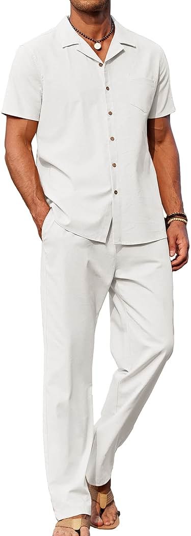 COOFANDY Men 2 Piece Linen Outfit Beach Button Down Shirt Casual Loose Pant Sets - Product Image