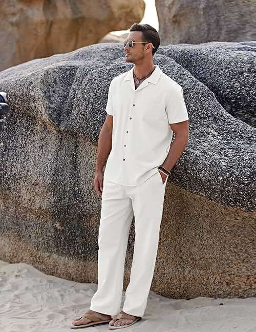 COOFANDY Men 2 Piece Linen Outfit Beach Button Down Shirt Casual Loose Pant Sets - Image 4
