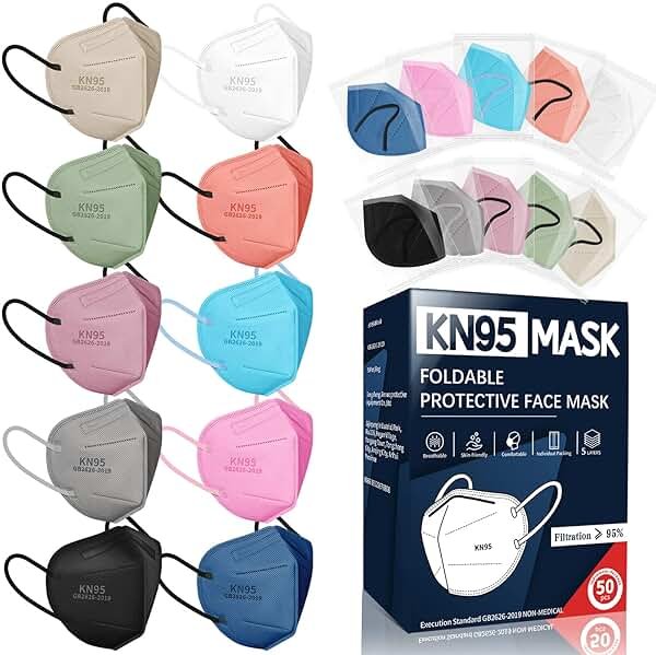 FENFEN KN95 Face Masks for Adults, 50 Pack 10 Colors Disposable KN95 Masks, 5 Layer Breathable Individually Wrapped Face Masks with Designs, Filter Efficiency 95% - Product Image
