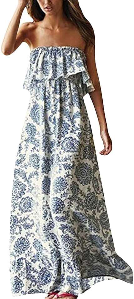 ZMPSIISA Women's Summer Off The Shoulder Maxi Dress Ruffle Strapless Blue White Porcelain Boho Casual Loose Long Dresses - Image 1