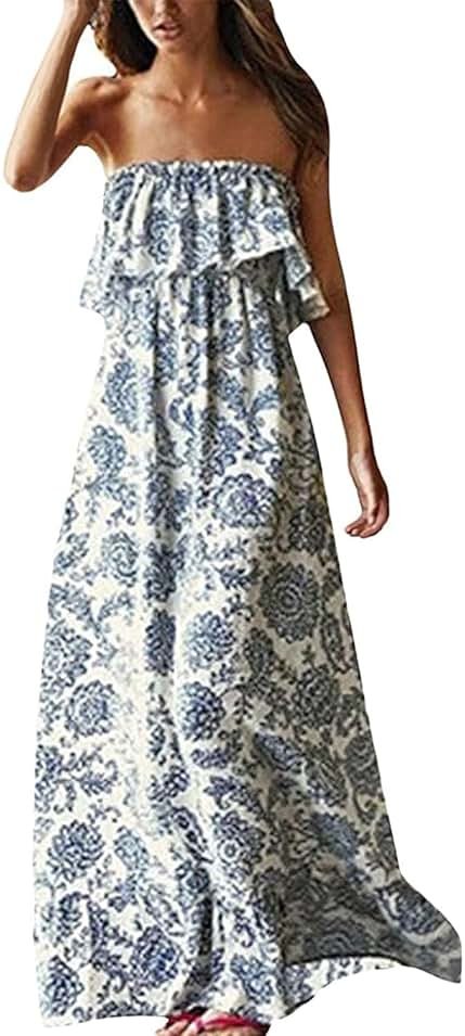 ZMPSIISA Women's Summer Off The Shoulder Maxi Dress Ruffle Strapless Blue White Porcelain Boho Casual Loose Long Dresses - Product Image
