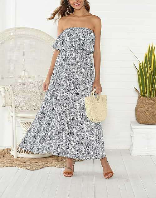 ZMPSIISA Women's Summer Off The Shoulder Maxi Dress Ruffle Strapless Blue White Porcelain Boho Casual Loose Long Dresses - Image 2