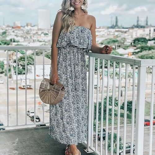 ZMPSIISA Women's Summer Off The Shoulder Maxi Dress Ruffle Strapless Blue White Porcelain Boho Casual Loose Long Dresses - Image 4