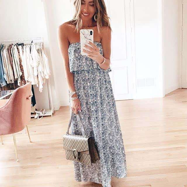 ZMPSIISA Women's Summer Off The Shoulder Maxi Dress Ruffle Strapless Blue White Porcelain Boho Casual Loose Long Dresses - Image 5