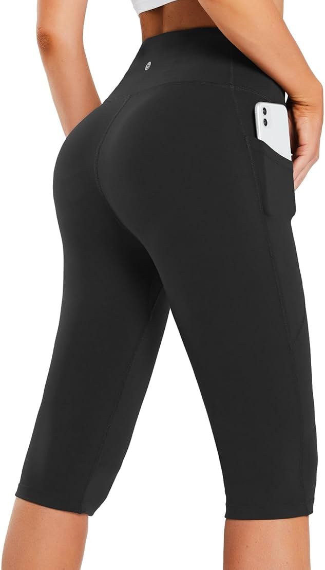 baleaf Women's Capri Leggings with Pockets High Waisted Knee Length Capris Stretch for Casual Yoga Pants Workout Exercise - Product Image
