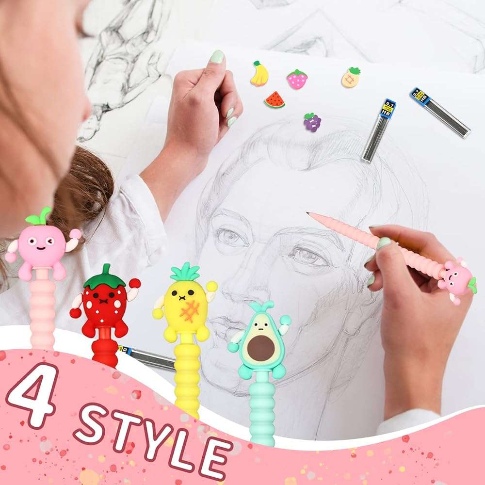 Chinco 24 Pieces Cute Mechanical Pencil with Fruit Erasers and Refills Pastel Colorful Fruit Pencils Bulk with Fun Toppers for Girls Kids Students School (0.7 mm) - Image 4