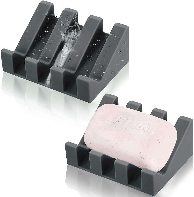 Cunhill 2 Pieces Silicone Soap Dish Self Draining Soap Dish Shower Waterfall Bar Soap Holder Tray with Drain Soap Saver for Kitchen Bathroom Accessories (Dark Grey) - Image 1
