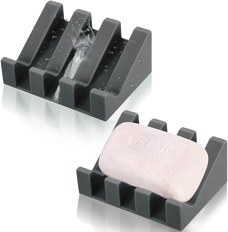 Cunhill 2 Pieces Silicone Soap Dish Self Draining Soap Dish Shower Waterfall Bar Soap Holder Tray with Drain Soap Saver for Kitchen Bathroom Accessories (Dark Grey) - Product Image