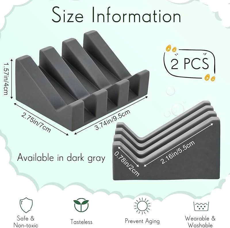 Cunhill 2 Pieces Silicone Soap Dish Self Draining Soap Dish Shower Waterfall Bar Soap Holder Tray with Drain Soap Saver for Kitchen Bathroom Accessories (Dark Grey) - Image 2