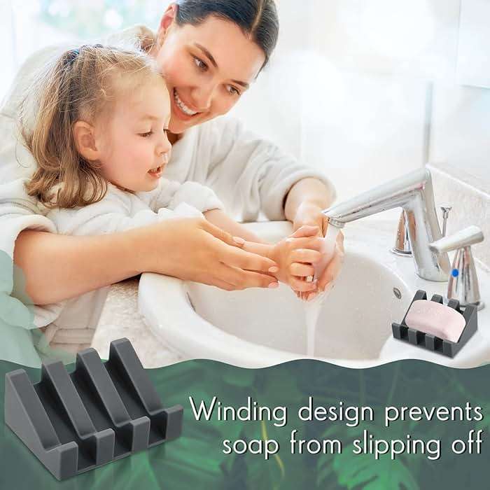 Cunhill 2 Pieces Silicone Soap Dish Self Draining Soap Dish Shower Waterfall Bar Soap Holder Tray with Drain Soap Saver for Kitchen Bathroom Accessories (Dark Grey) - Image 4