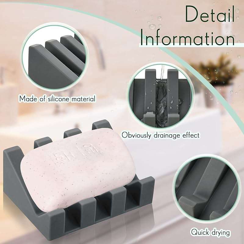 Cunhill 2 Pieces Silicone Soap Dish Self Draining Soap Dish Shower Waterfall Bar Soap Holder Tray with Drain Soap Saver for Kitchen Bathroom Accessories (Dark Grey) - Image 6