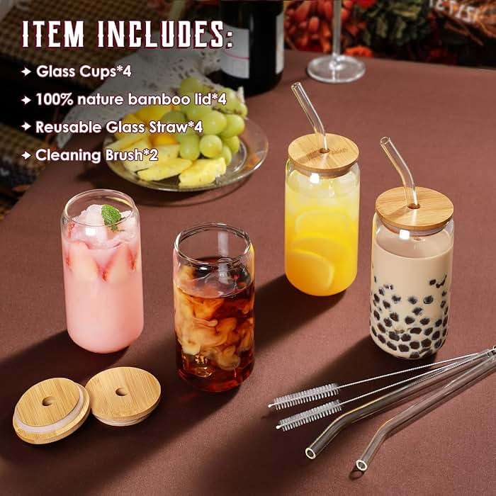 Drinking Glasses with Bamboo Lids and Glass Straw 4pcs Set - 16oz Glass Cups, Iced Coffee Glasses, Cute iced Tea Glasses, Beer Glasses, Ideal for Coffee Bar Accessories, Aesthetic Gift - 2 Brushes - Image 4