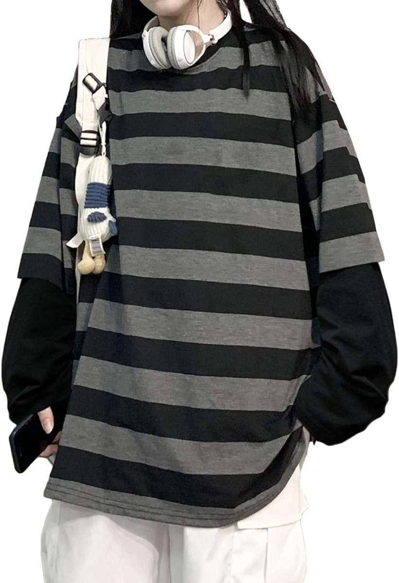 LAVASEON Harajuku Oversized Striped T-Shirt Long Sleeve Crew Neck Casual Matching Couple Streetwear Pullover - Image 1