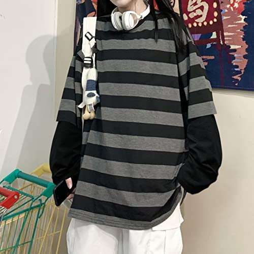 LAVASEON Harajuku Oversized Striped T-Shirt Long Sleeve Crew Neck Casual Matching Couple Streetwear Pullover - Image 2