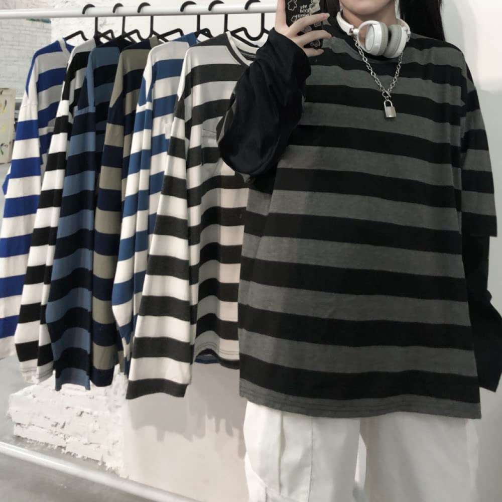 LAVASEON Harajuku Oversized Striped T-Shirt Long Sleeve Crew Neck Casual Matching Couple Streetwear Pullover - Image 3