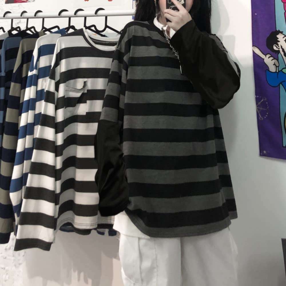 LAVASEON Harajuku Oversized Striped T-Shirt Long Sleeve Crew Neck Casual Matching Couple Streetwear Pullover - Image 4