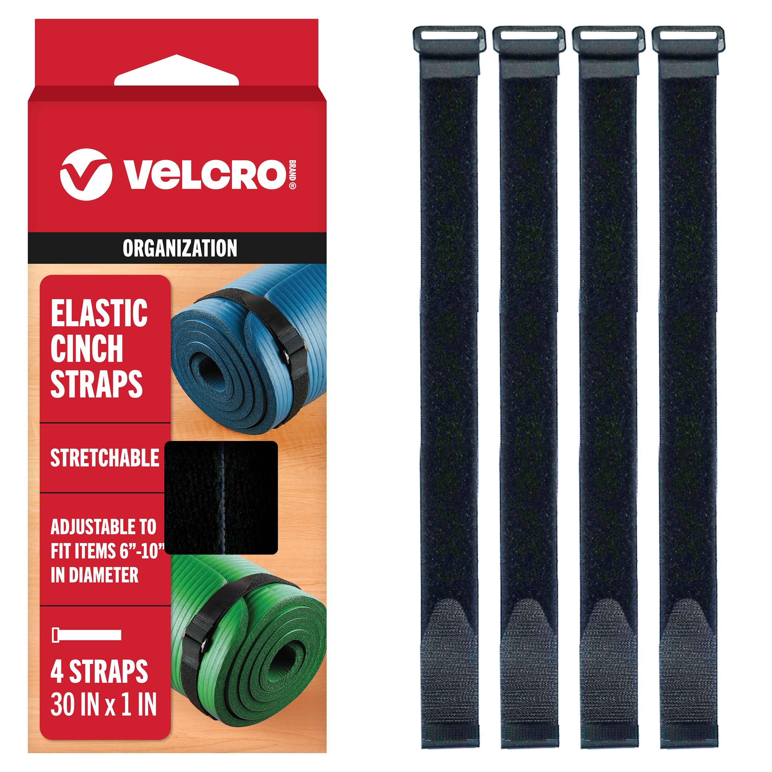 VELCRO Brand 30 Inch Elastic Straps 4 Pack, Use as Yoga Mat Straps, Fasten Outdoor Umbrellas, Wood, Tarps, Blankets, Poles and More, Stretchable and Adjustable for a Snug Fit - Product Image