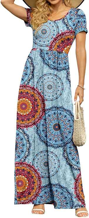 DB MOON Womens 2026 Summer Maxi Dresses Casual Short Sleeve Empire Waist Spring Long Dress with Pockets - Image 1
