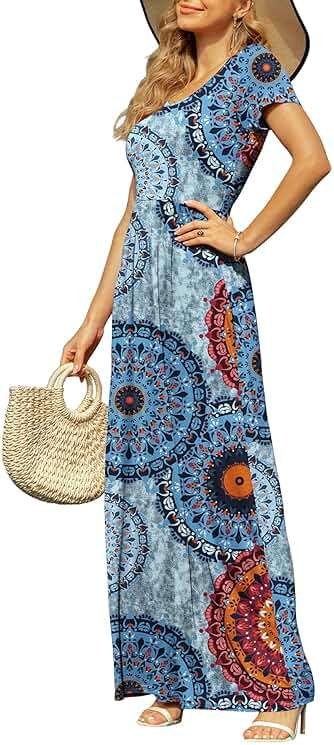 DB MOON Womens 2026 Summer Maxi Dresses Casual Short Sleeve Empire Waist Spring Long Dress with Pockets - Image 2