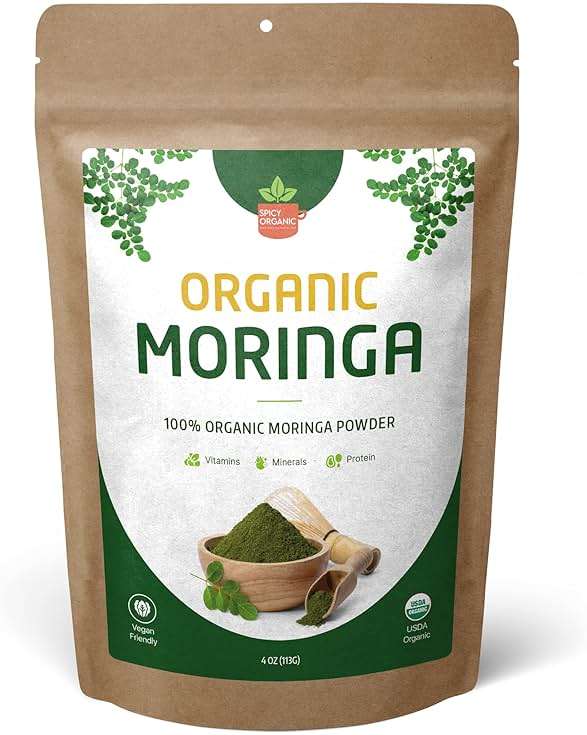 SPICY ORGANIC USDA Certified Organic Moringa Powder 4 oz | Moringa Leaf Powder Organic | Natural Energy, Vegan, Non-GMO, Gluten-Free – for Smoothies, Teas, Cooking – Resealable Pouch - Image 1
