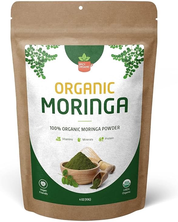 SPICY ORGANIC USDA Certified Organic Moringa Powder 4 oz | Moringa Leaf Powder Organic | Natural Energy, Vegan, Non-GMO, Gluten-Free – for Smoothies, Teas, Cooking – Resealable Pouch - Product Image