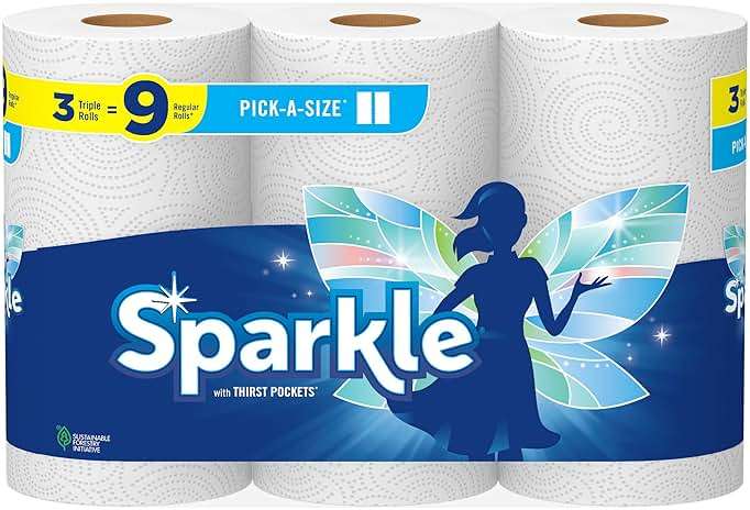 Sparkle Tear-A-Square Paper Towels, 3 Triple Rolls = 9 Regular Rolls, Strong 2-Ply Towels for Kitchen Cleanup and Everyday Messes - Image 1