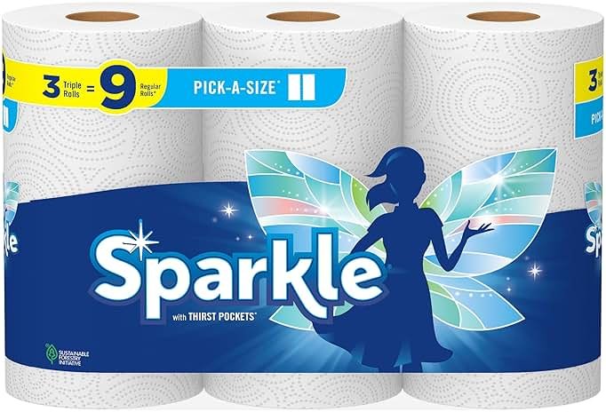 Sparkle Tear-A-Square Paper Towels, 3 Triple Rolls = 9 Regular Rolls, Strong 2-Ply Towels for Kitchen Cleanup and Everyday Messes - Product Image