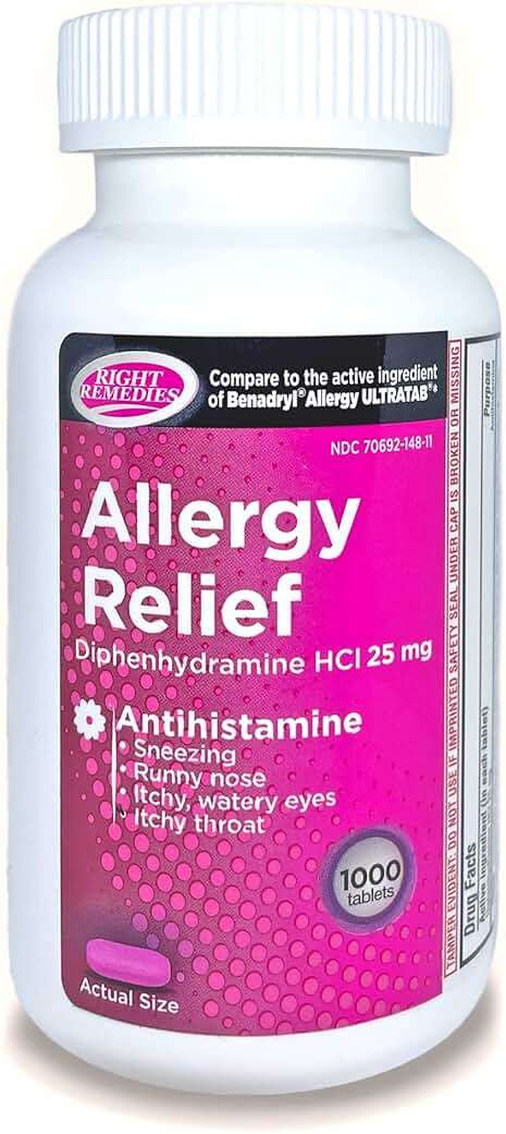 RIGHT REMEDIES Allergy Relief Antihistamine, Diphenhydramine HCl 25mg, Generic Benadryl Ultratabs, Relieves Seasonal Indoor or Outdoor Upper Respiratory Allergies, 1000 Count - Image 1