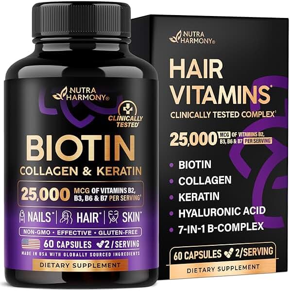 Biotin | Collagen | Hyaluronic Acid | Keratin - Clinically Tested Supplement - Hair Growth Support, Skin & Nails - 25000 mcg Vitamins B2, B3, B6 & B7 + B1 - Made in USA - Women & Men | 60 Capsules - Product Image