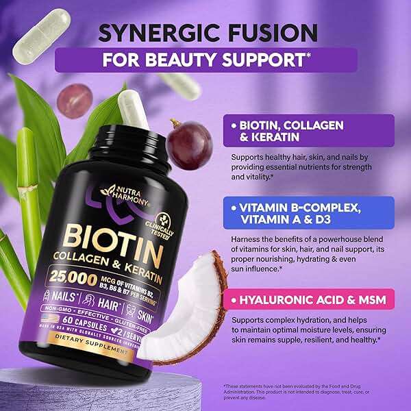 Biotin | Collagen | Hyaluronic Acid | Keratin - Clinically Tested Supplement - Hair Growth Support, Skin & Nails - 25000 mcg Vitamins B2, B3, B6 & B7 + B1 - Made in USA - Women & Men | 60 Capsules - Image 4