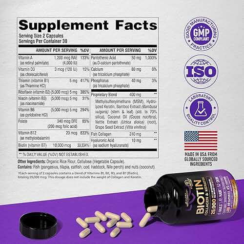 Biotin | Collagen | Hyaluronic Acid | Keratin - Clinically Tested Supplement - Hair Growth Support, Skin & Nails - 25000 mcg Vitamins B2, B3, B6 & B7 + B1 - Made in USA - Women & Men | 60 Capsules - Image 6