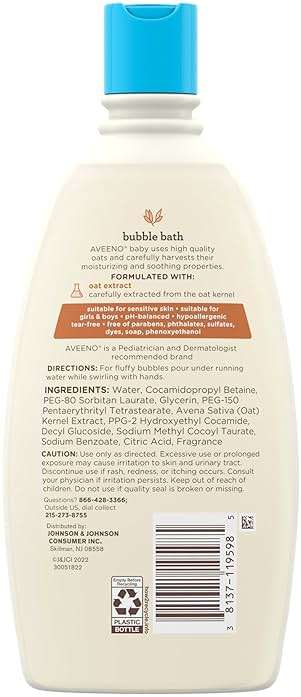 Aveeno Baby Sensitive Skin Bubble Bath with Oat Extract, Gently Cleanses and Leaves Skin Feeling Hydrated, Tear-Free Formula, Hypoallergenic, Paraben-, Phthalate-, Soap- & Dye-Free, 19.2 fl. Oz - Image 8