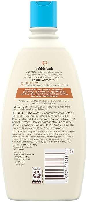 Aveeno Baby Sensitive Skin Bubble Bath with Oat Extract, Gently Cleanses and Leaves Skin Feeling Hydrated, Tear-Free Formula, Hypoallergenic, Paraben-, Phthalate-, Soap- & Dye-Free, 19.2 fl. Oz - Image 9