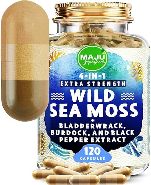 MAJU Wild Irish Sea Moss Capsules (120ct), Stronger Than Gel, 4-in-1 w/Bladderwrack + Burdock Root, Organic, Sebi Inspired, Raw, Seamoss Pills Powder, Wild, 1 Bottle - Product Image
