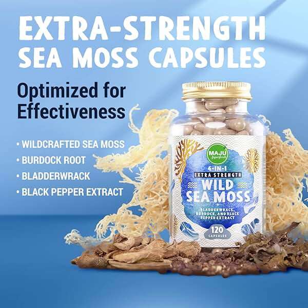 MAJU Wild Irish Sea Moss Capsules (120ct), Stronger Than Gel, 4-in-1 w/Bladderwrack + Burdock Root, Organic, Sebi Inspired, Raw, Seamoss Pills Powder, Wild, 1 Bottle - Image 5