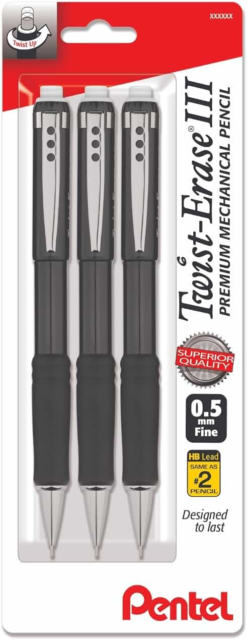 Pentel Mechanical Pencil 0.5 mm Twist Erase III, Twist Up Eraser, Pre-Loaded Super Hi-Polymer HB Lead, Black Barrel, 3-Pack - Product Image