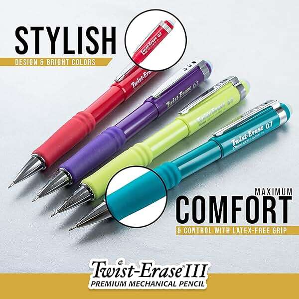 Pentel Mechanical Pencil 0.5 mm Twist Erase III, Twist Up Eraser, Pre-Loaded Super Hi-Polymer HB Lead, Black Barrel, 3-Pack - Image 7