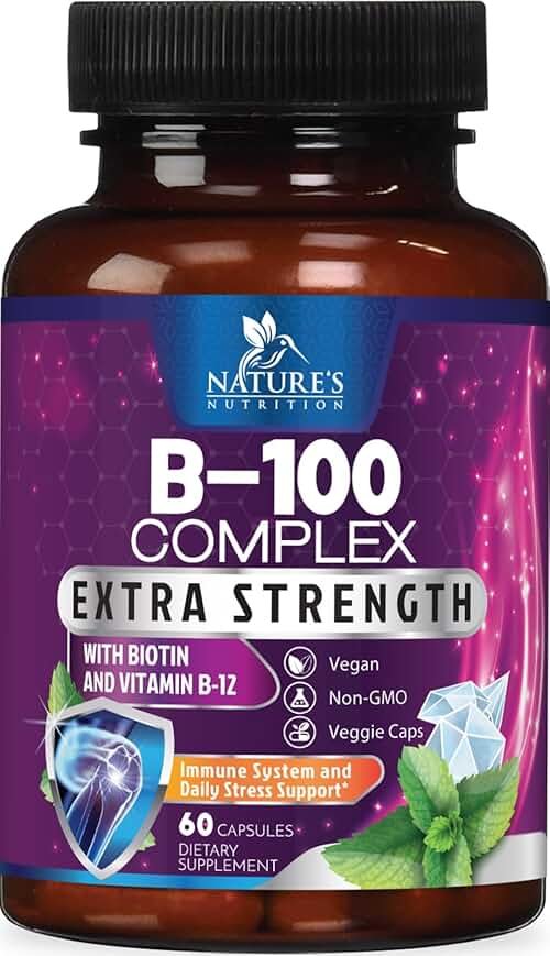 B Complex Vitamins Capsules - Super Complete B-100 Complex with Vitamin B12 B6 C Biotin Folate & Folic Acid for Immune & Energy Support - Supplement for Heart, Brain, & Nerve Support - 60 Capsules - Product Image
