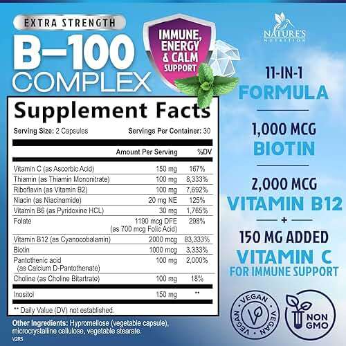B Complex Vitamins Capsules - Super Complete B-100 Complex with Vitamin B12 B6 C Biotin Folate & Folic Acid for Immune & Energy Support - Supplement for Heart, Brain, & Nerve Support - 60 Capsules - Image 2