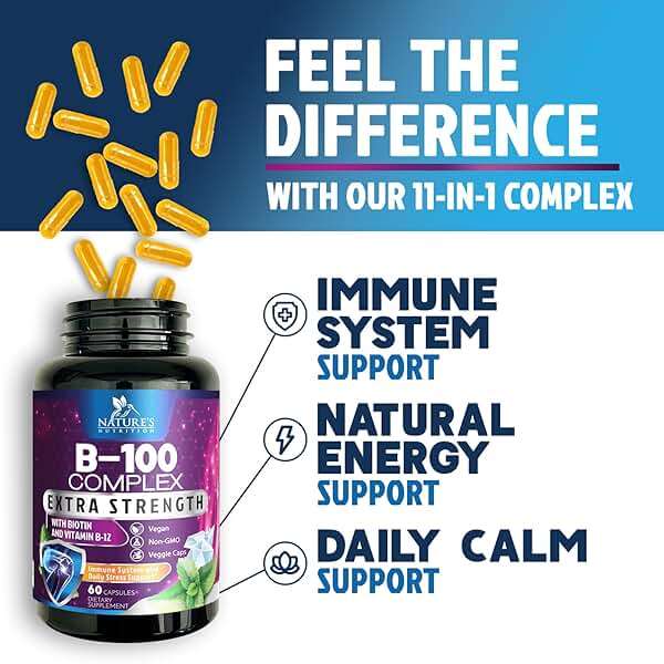 B Complex Vitamins Capsules - Super Complete B-100 Complex with Vitamin B12 B6 C Biotin Folate & Folic Acid for Immune & Energy Support - Supplement for Heart, Brain, & Nerve Support - 60 Capsules - Image 5