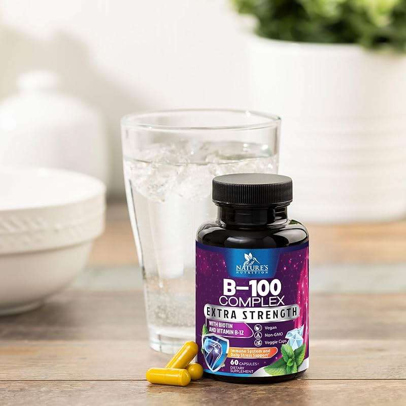 B Complex Vitamins Capsules - Super Complete B-100 Complex with Vitamin B12 B6 C Biotin Folate & Folic Acid for Immune & Energy Support - Supplement for Heart, Brain, & Nerve Support - 60 Capsules - Image 9