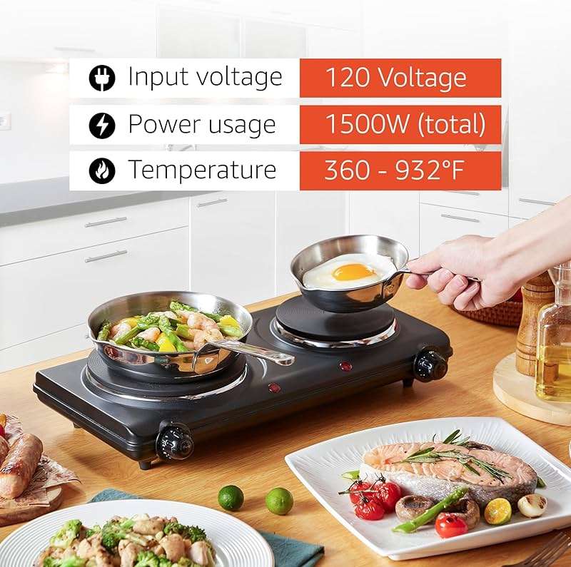 Elite Gourmet EDB-302BF# Countertop Double Cast Iron Burner, 1500 Watts Electric Hot Plate, Temperature Controls, Power Indicator Lights, Easy to Clean, Black - Image 7